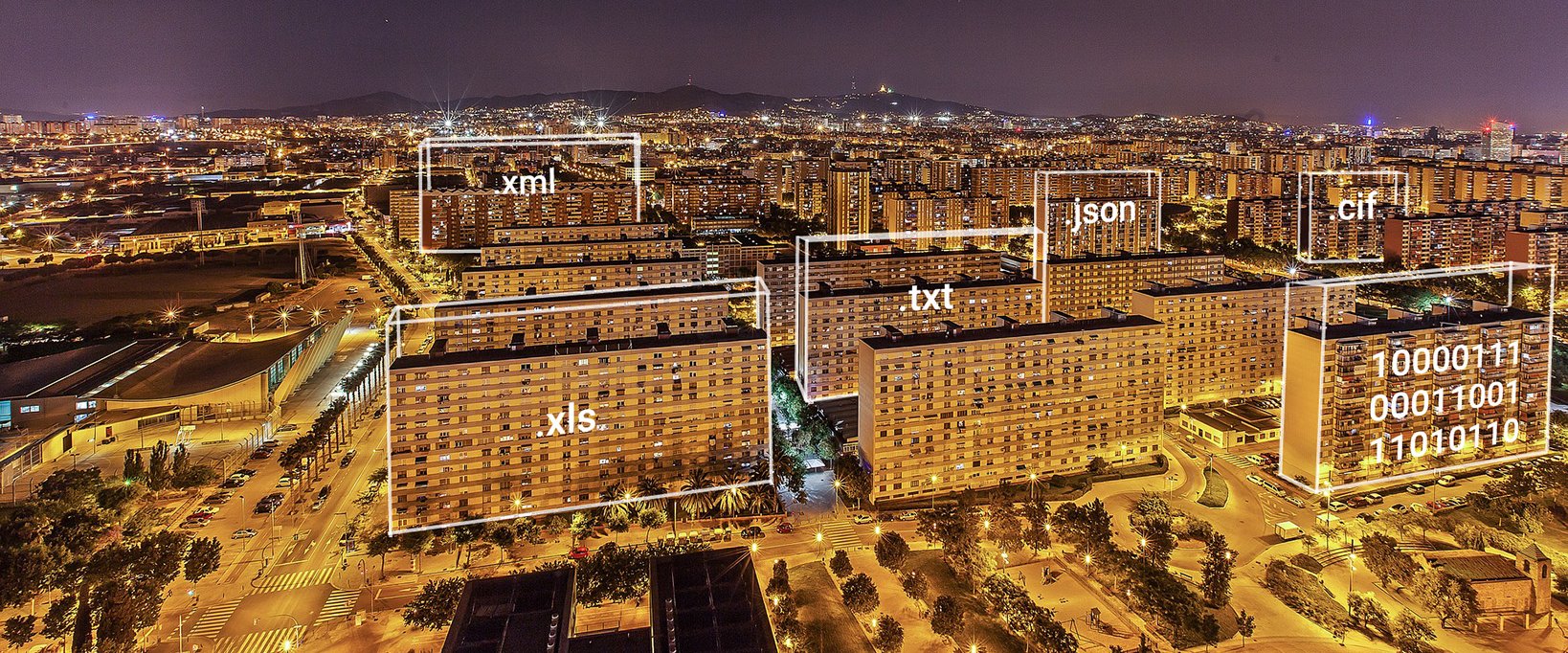 Shows buildings by night stilized as data silos.